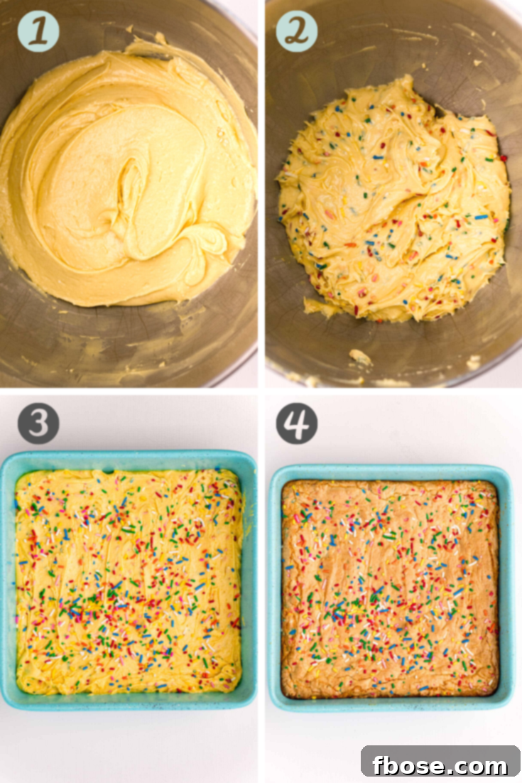 Step-by-step photo collage showing how to make blondies from a cake mix.