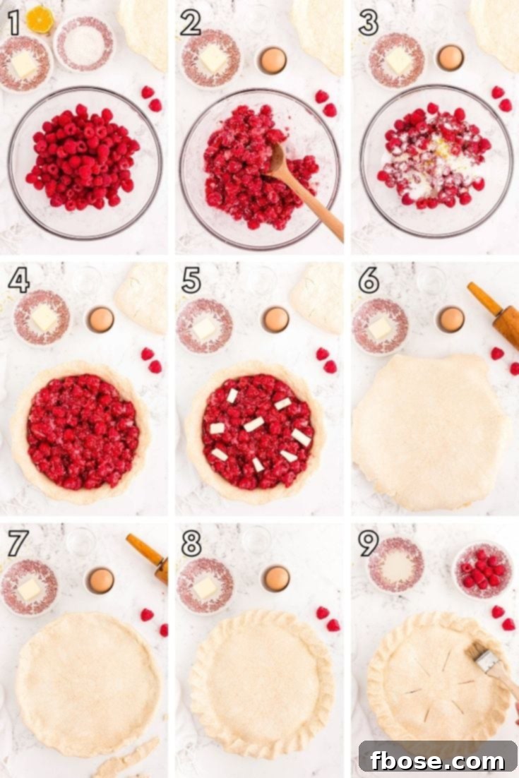 A step-by-step photo collage illustrating the process of making raspberry pie from scratch, from preparing the filling to sealing the crust.