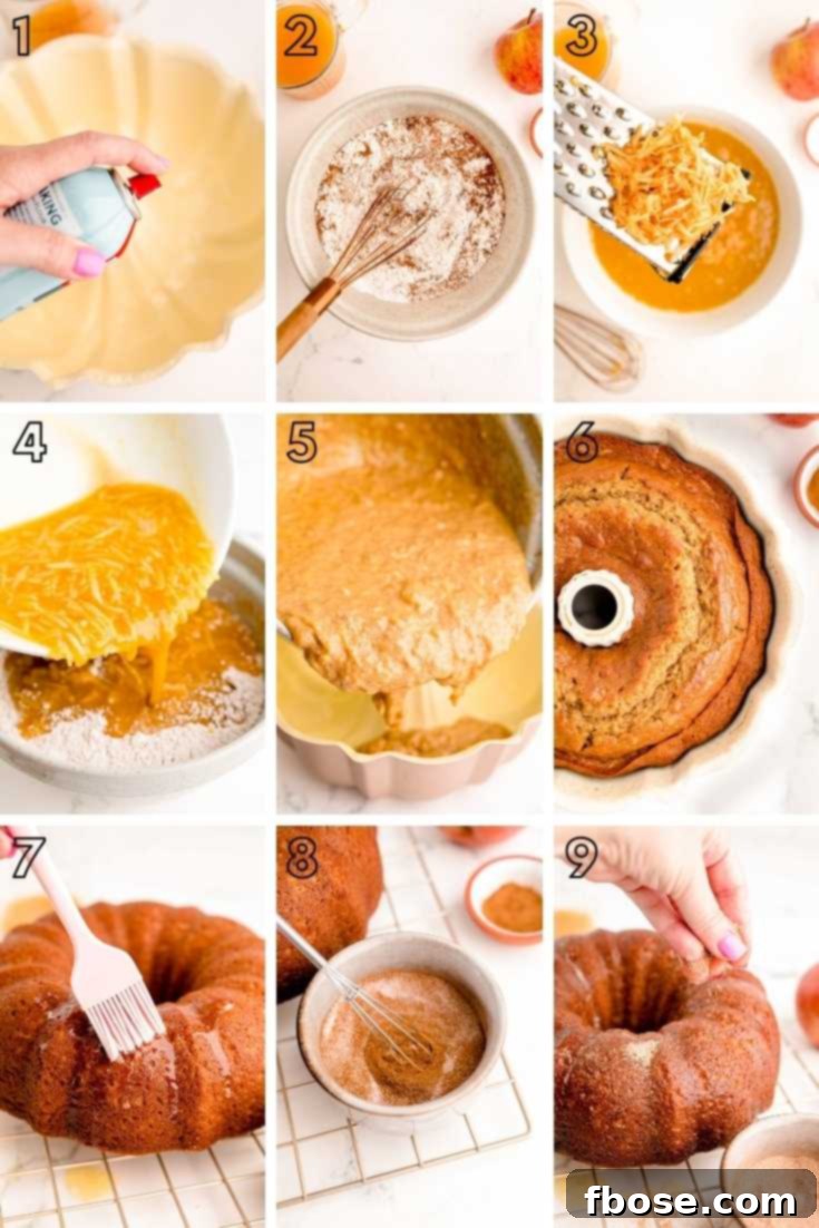 Step-by-step photo collage showing how to make apple cider donut bundt cake from scratch.