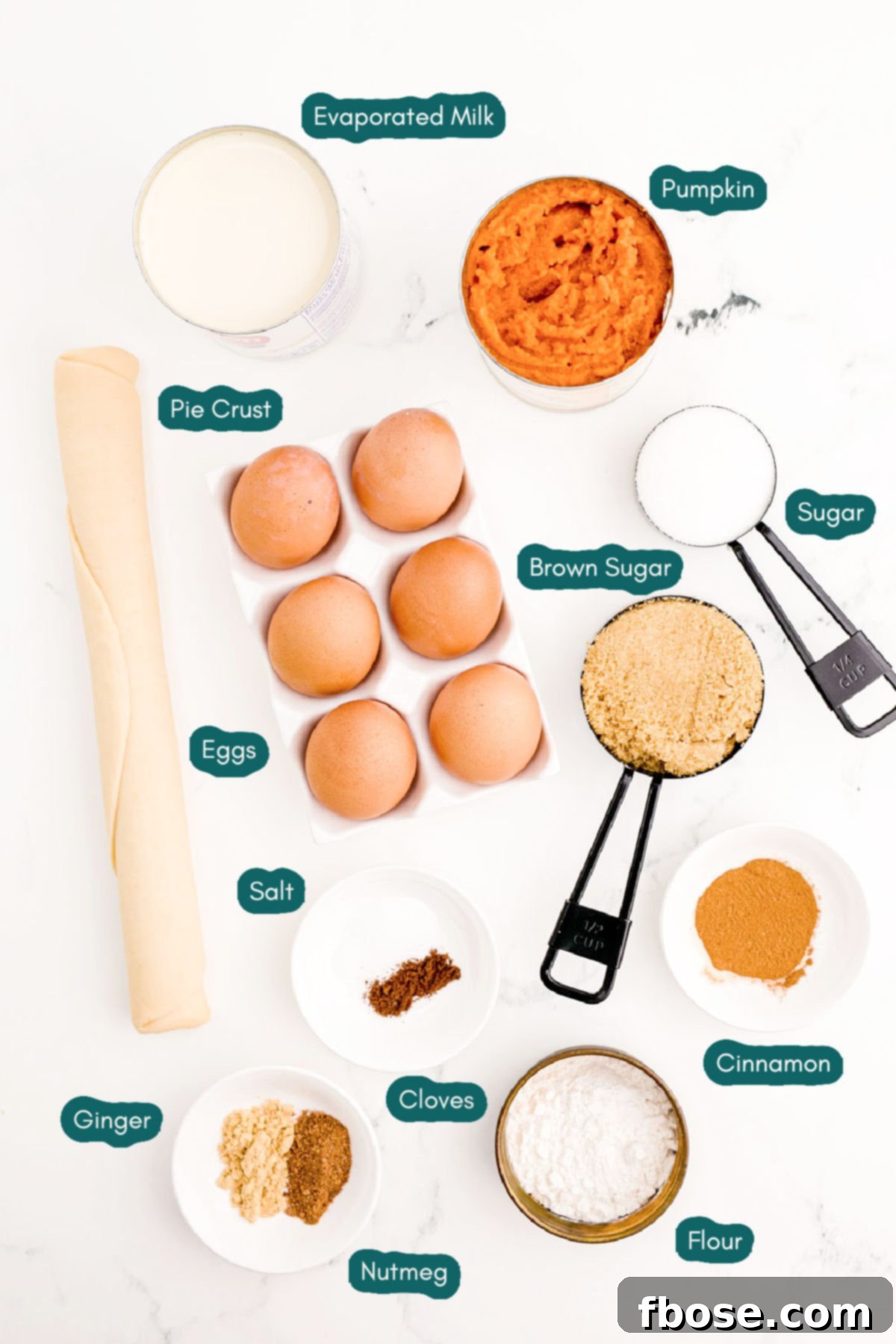 Overhead photo of ingredients prepared to make pumpkin pie in an air fryer.