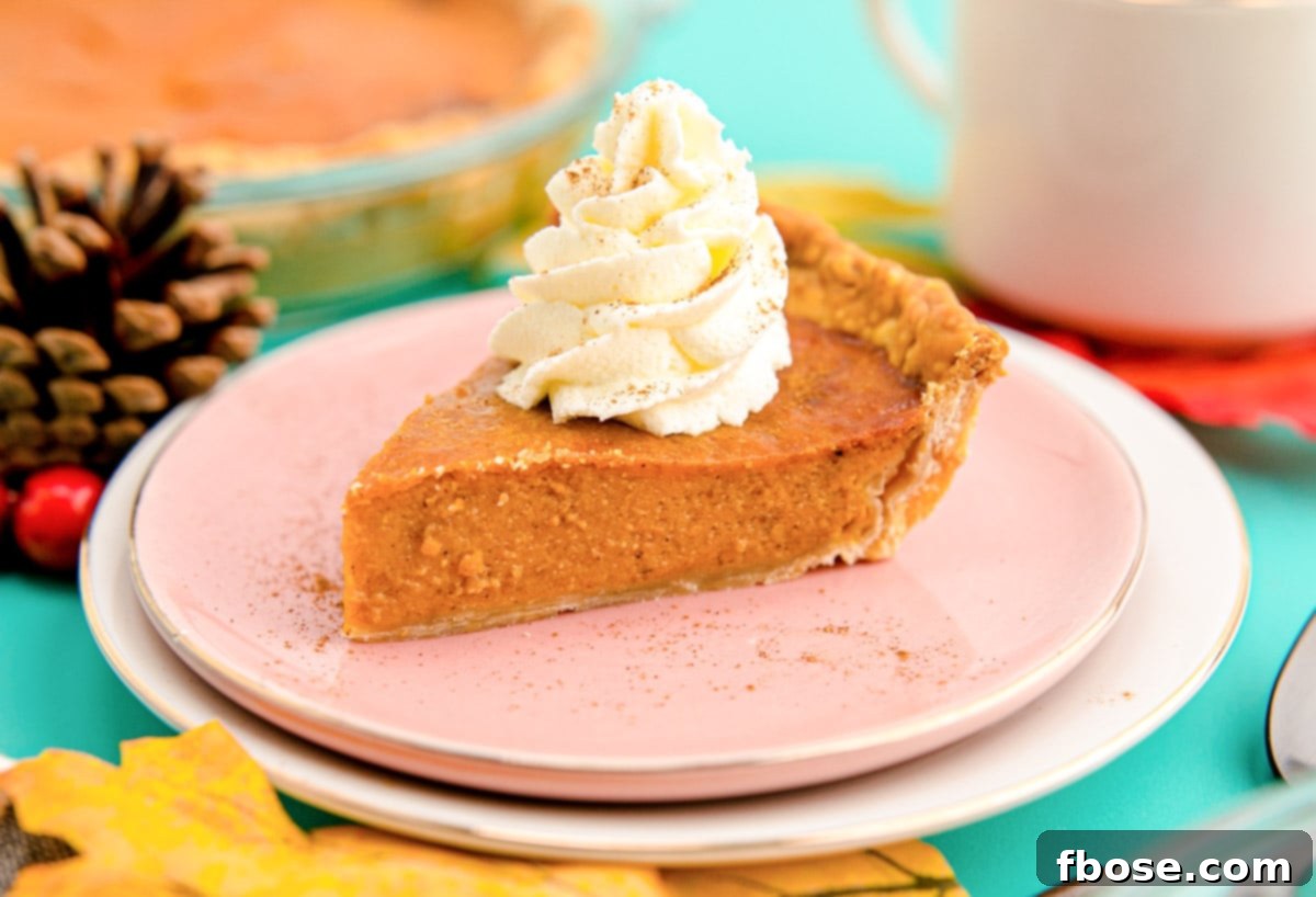 Close up photo of a slice of air fryer pumpkin pie on a pink plate with the rest of the pie in the background.