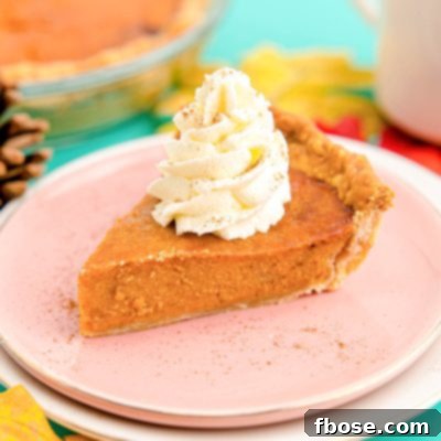 Close up photo of a slice of air fryer pumpkin pie on a pink plate with the rest of the pie in the background.