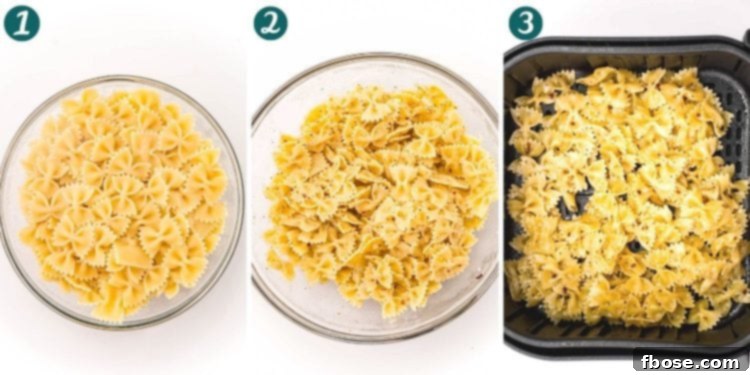 Step by step photo collage showing how to make pasta chips in an air fryer.