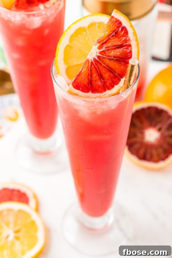 A stunning Blood Orange Cocktail in a delicate glass, garnished with a fresh blood orange slice and a sprig of rosemary.