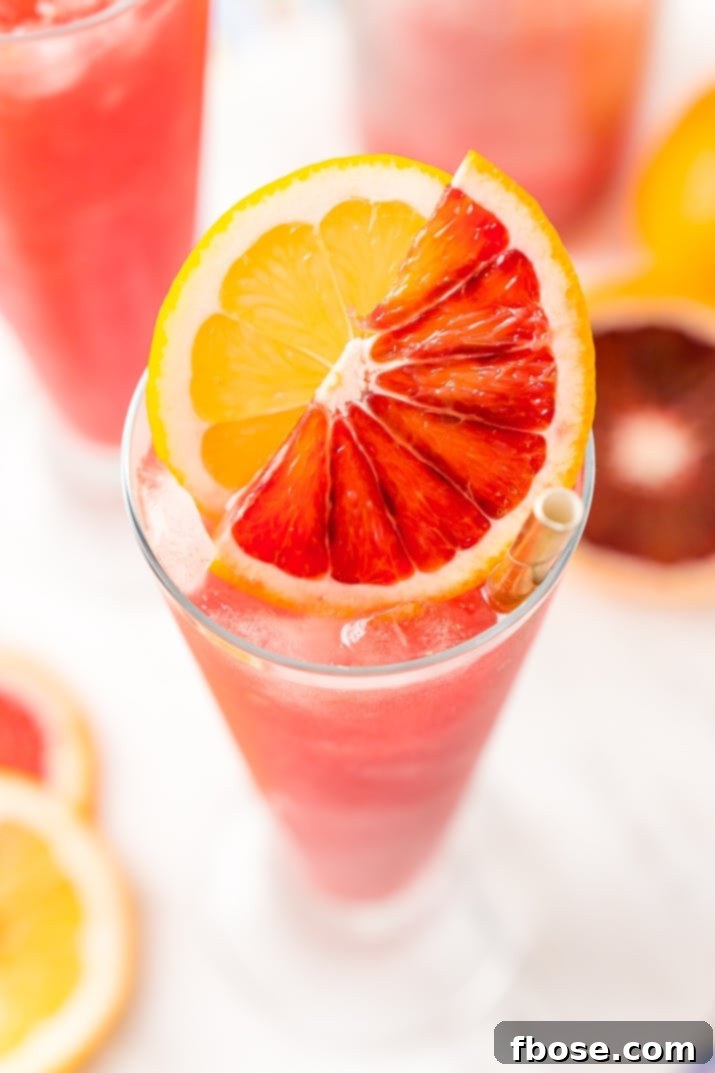 An overhead view of a freshly prepared Blood Orange Cocktail, highlighting its vibrant color and elegant garnish.