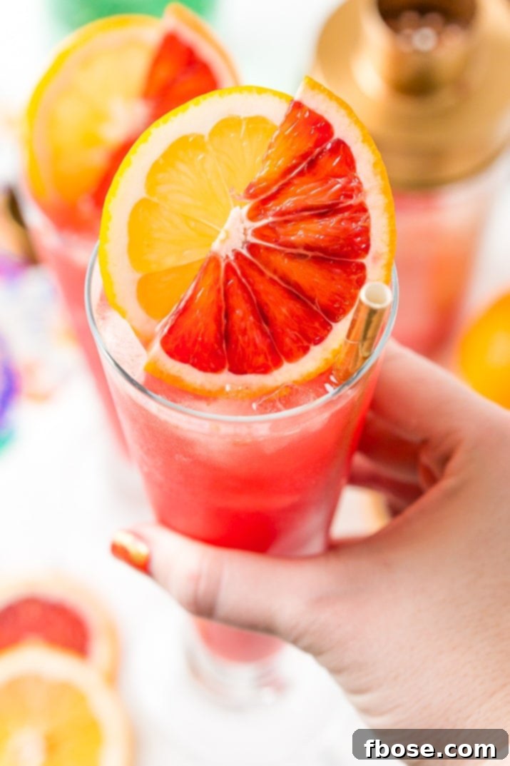 A hand elegantly holding a tall glass of the Blood Orange Cocktail, showcasing its alluring pink hue.