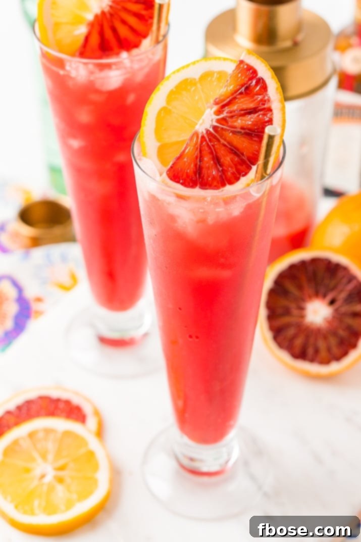 A close-up of the Blood Orange Cocktail in a tall, elegant conical glass, showing off its delicate foam and vibrant color.