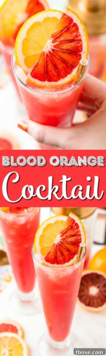 A vertical pin-worthy image of the Blood Orange Cocktail, featuring its vibrant pink color and elegant garnish, with text overlay 'Citrus Tango: Blood Orange Gin Cocktail'.