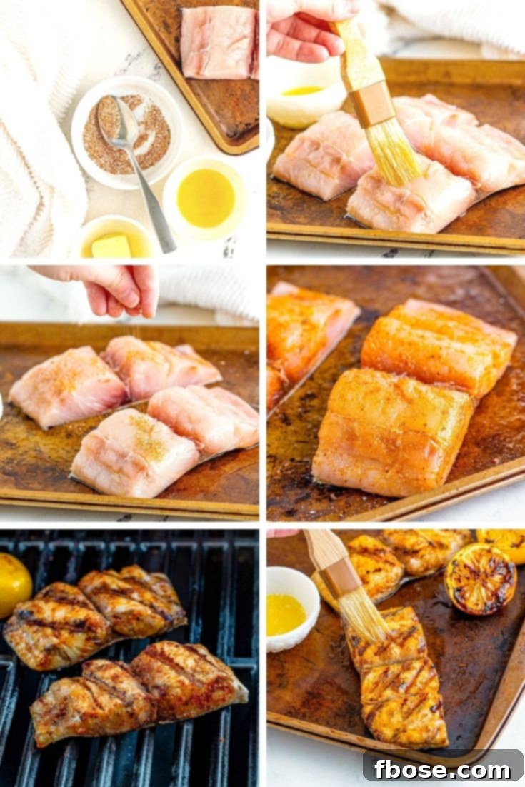 Step by step photo collage showing how to make mahi mahi on the grill.