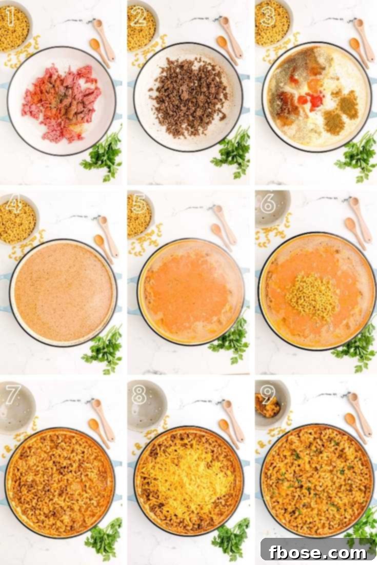 Step-by-step photo collage showing how to make homemade hamburger helper from scratch, illustrating each stage of the cooking process.
