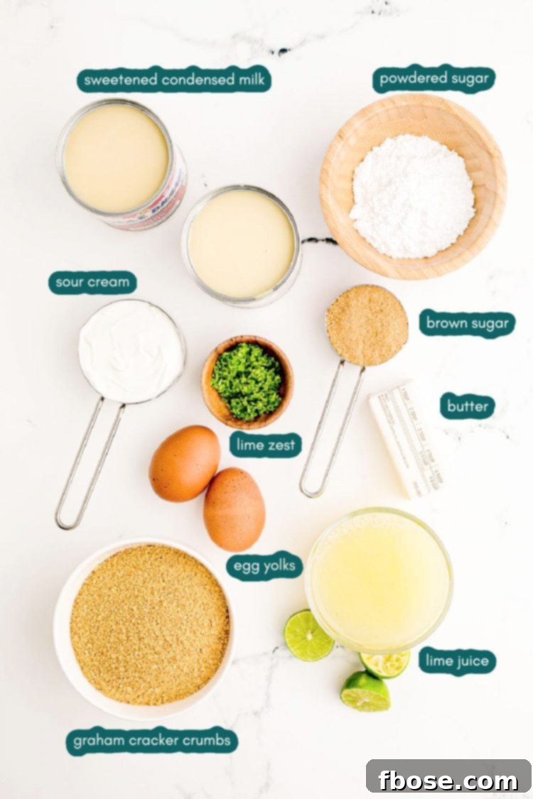 Overhead photo of ingredients prepped to make key lime pie.