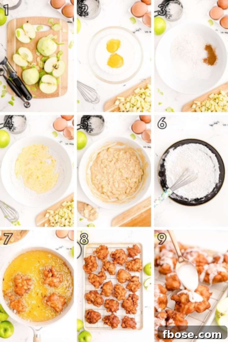 Step-by-step photo collage showing how to make apple fritters from scratch.