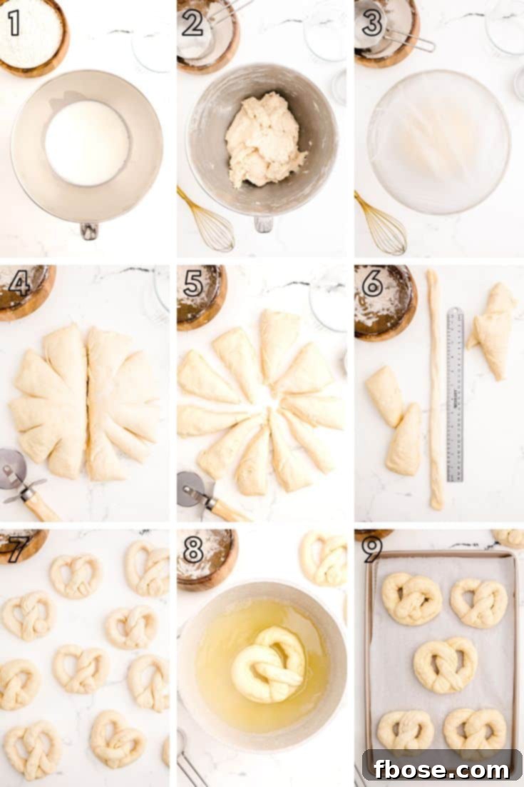 A step-by-step photo collage illustrating how to make homemade soft pretzels from dough preparation to baking.