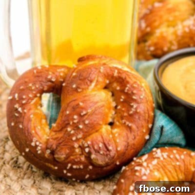 Close up of a homemade soft pretzel leaning against a mug of frothy beer.