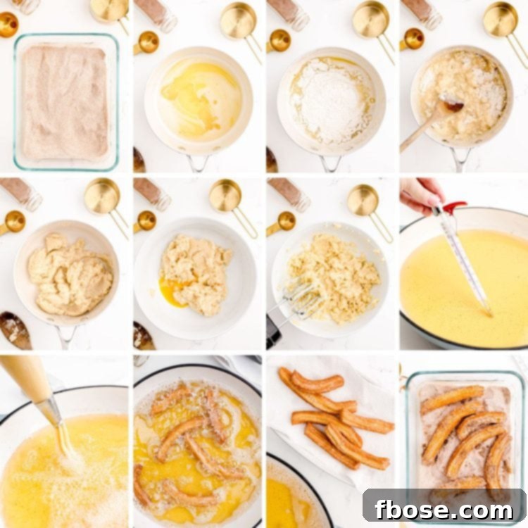 Step by step photo collage showing how to make homemade churros.