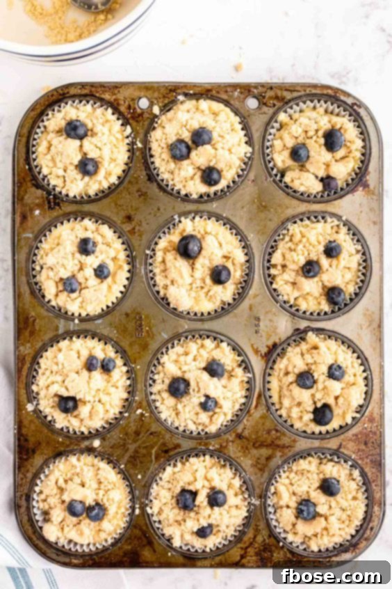 Blueberry muffins in a pan ready to bake.