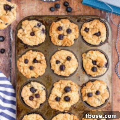 Overhead photo of a pan of blueberry streusel muffins.