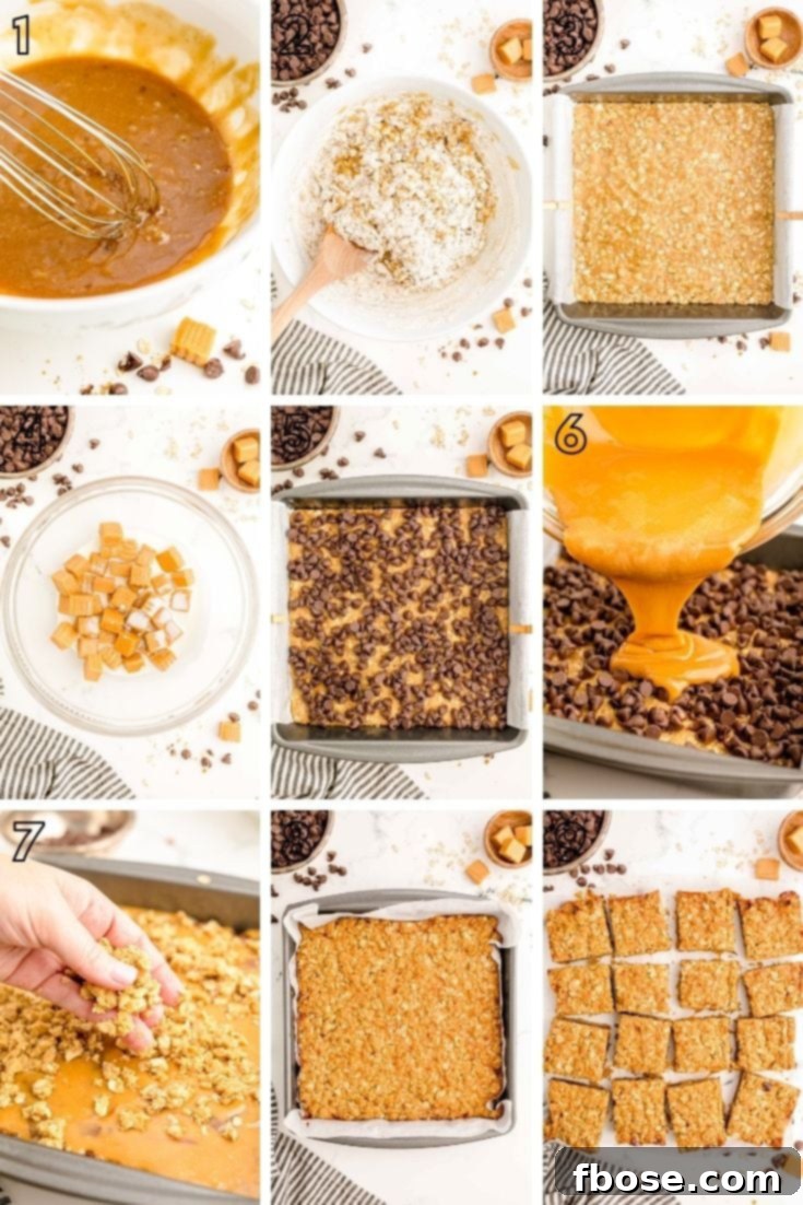 Easy Gooey Caramel Oatmeal Bars 5 Step-by-step photo collage showing how to make carmelitas, from mixing ingredients to the final baked bars.
