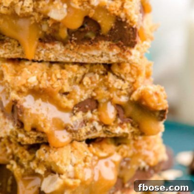 Close up photo of a stack of three carmelitas on a teal plate, illustrating the final dish.