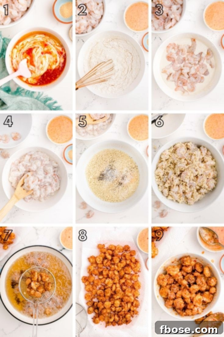 step-by-step photo collage showing how to make bang bang shrimp.