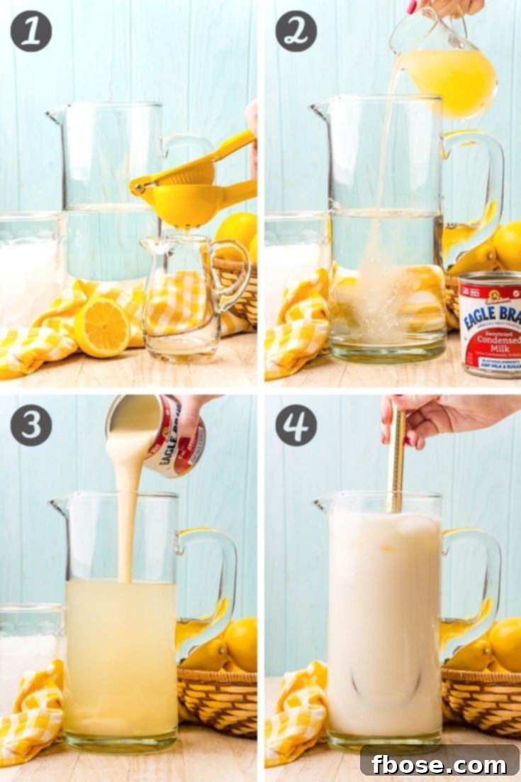 Step-by-step photo collage showing how to make creamy lemonade.