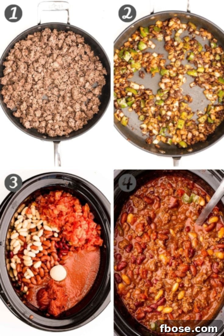 Ultimate Slow Cooker Chili 5 Step-by-step photo collage illustrating the process of making chili in a slow cooker, from browning meat to combining ingredients and simmering.