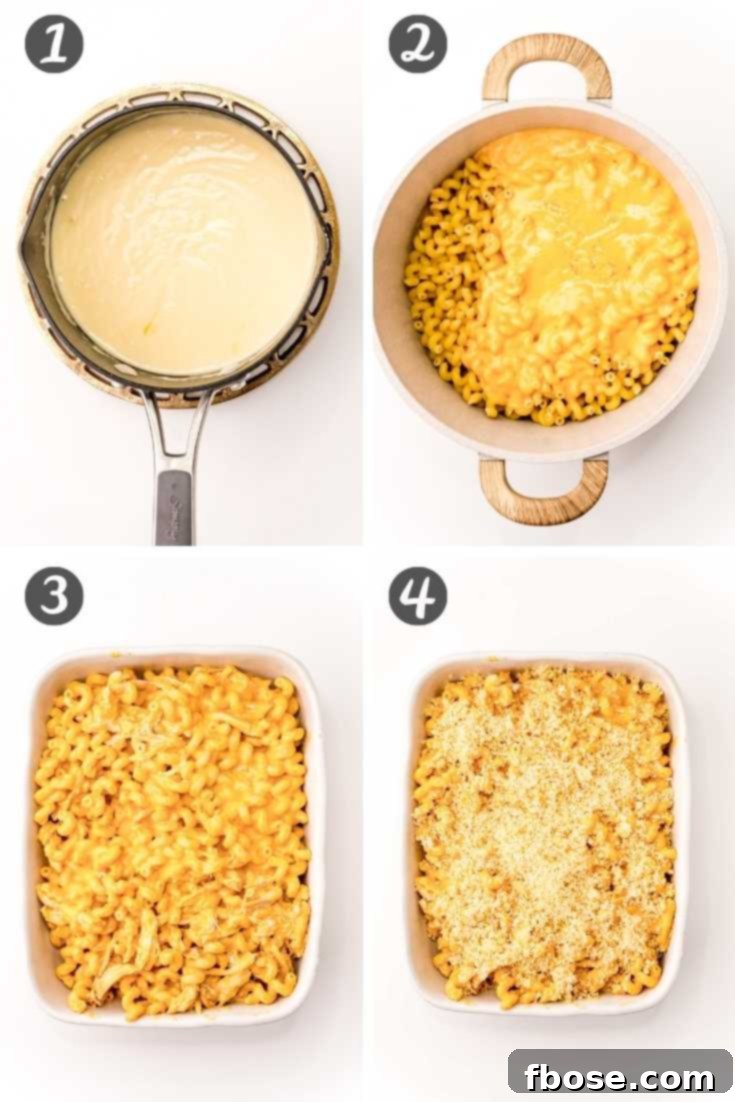 Step-by-step photo collage showing how to make buffalo chicken mac and cheese.