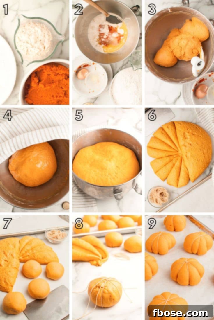 Spiced Pumpkin Feast Rolls 5 A step-by-step photo collage illustrating the process of shaping dinner rolls into festive pumpkin shapes using baker's twine.