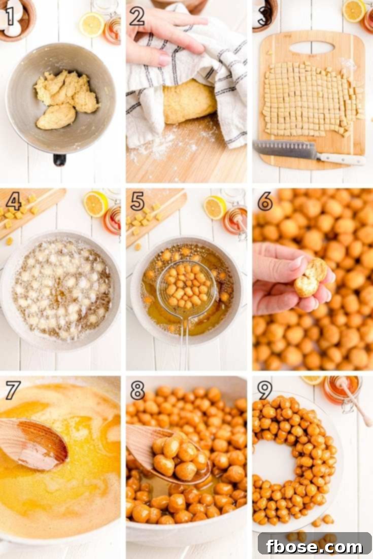 Classic Italian Struffoli 5 Step-by-step photo collage showing how to make struffoli from scratch.