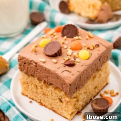 Slice of peanut butter sheet cake on a white plate.