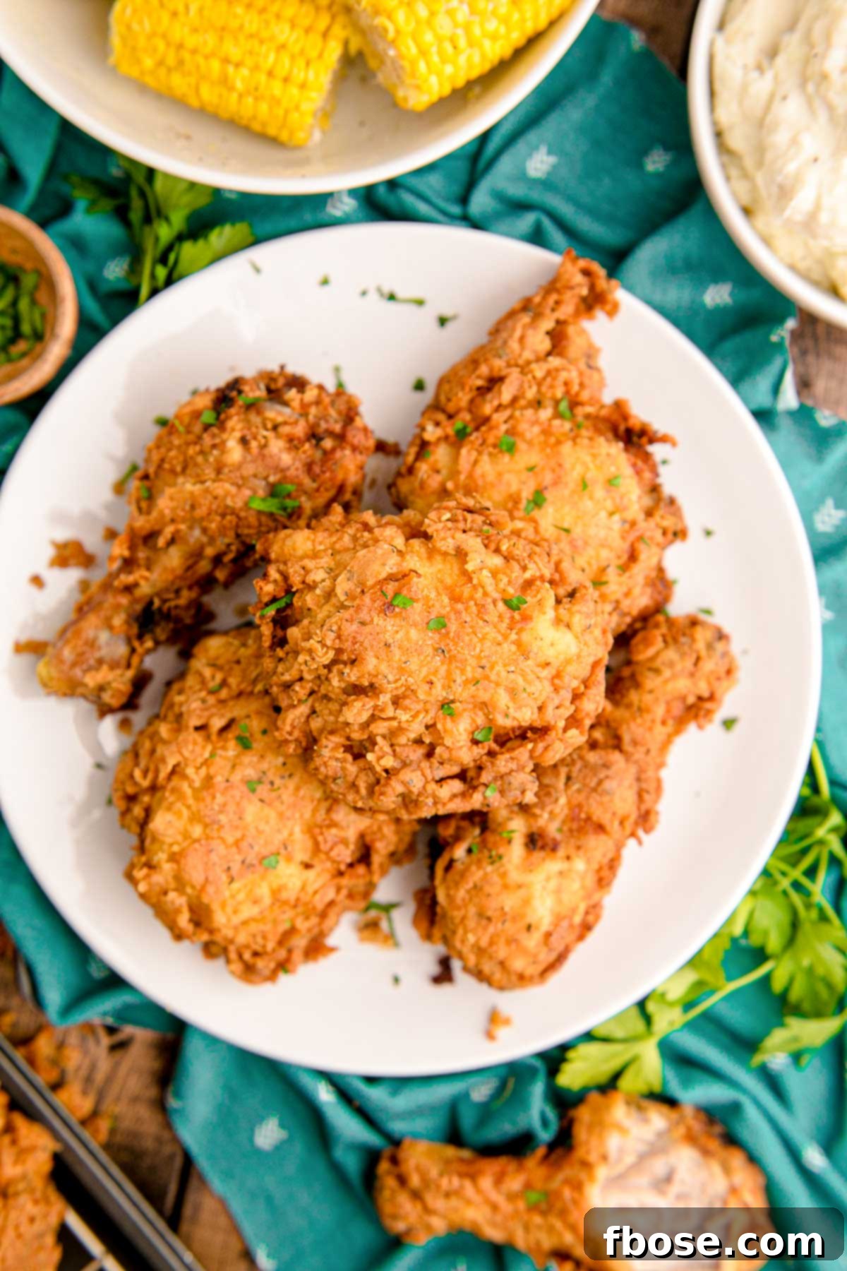 Overhead photo of fried chicken on a white plate on a teal napkin.