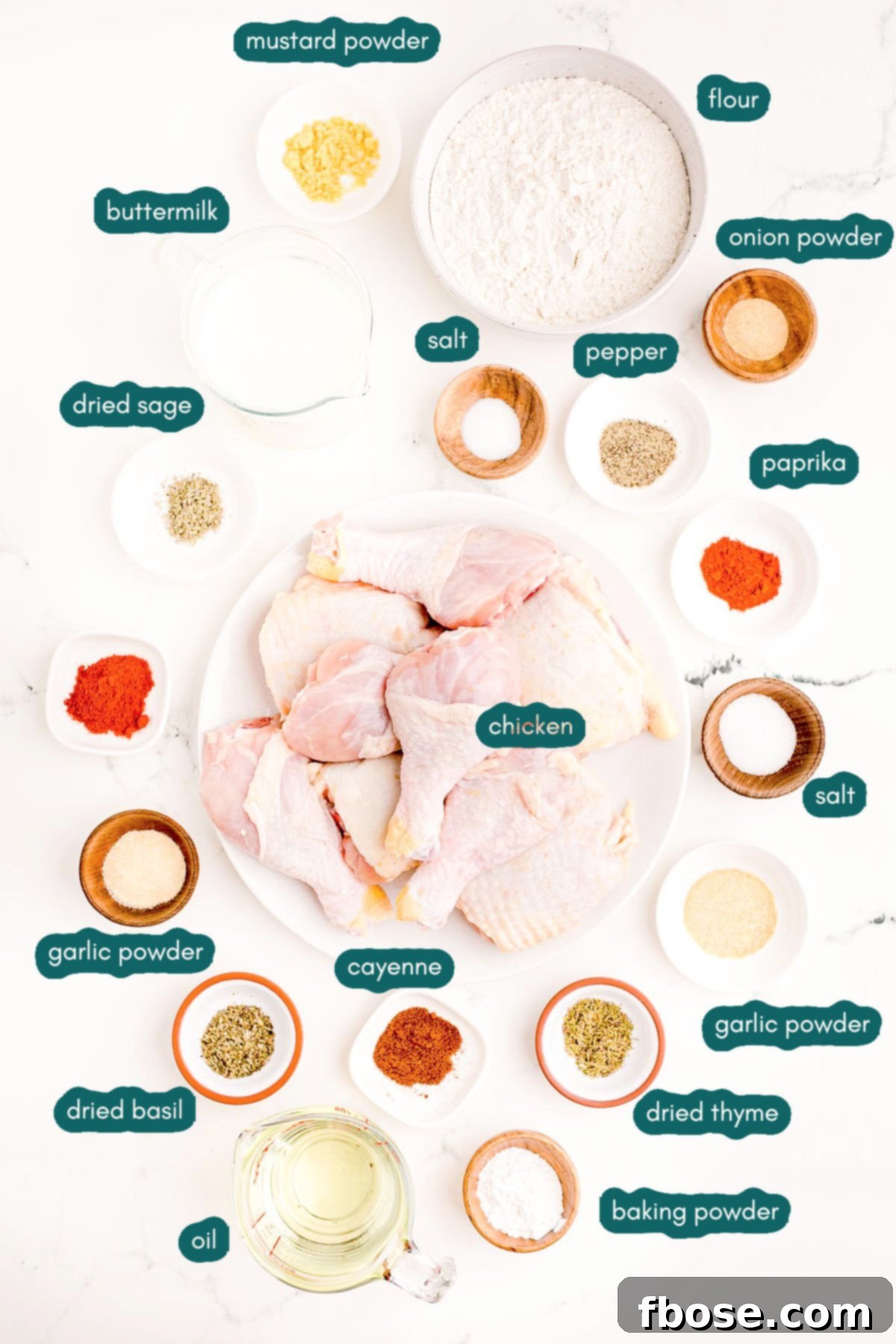 Overhead photos of ingredients prepped to make buttermilk fried chicken on a marble surface.