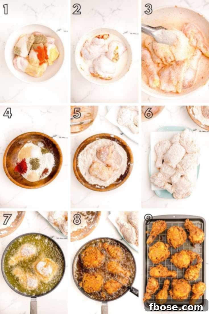 Step-by-step photo collage showing how to make buttermilk fried chicken.