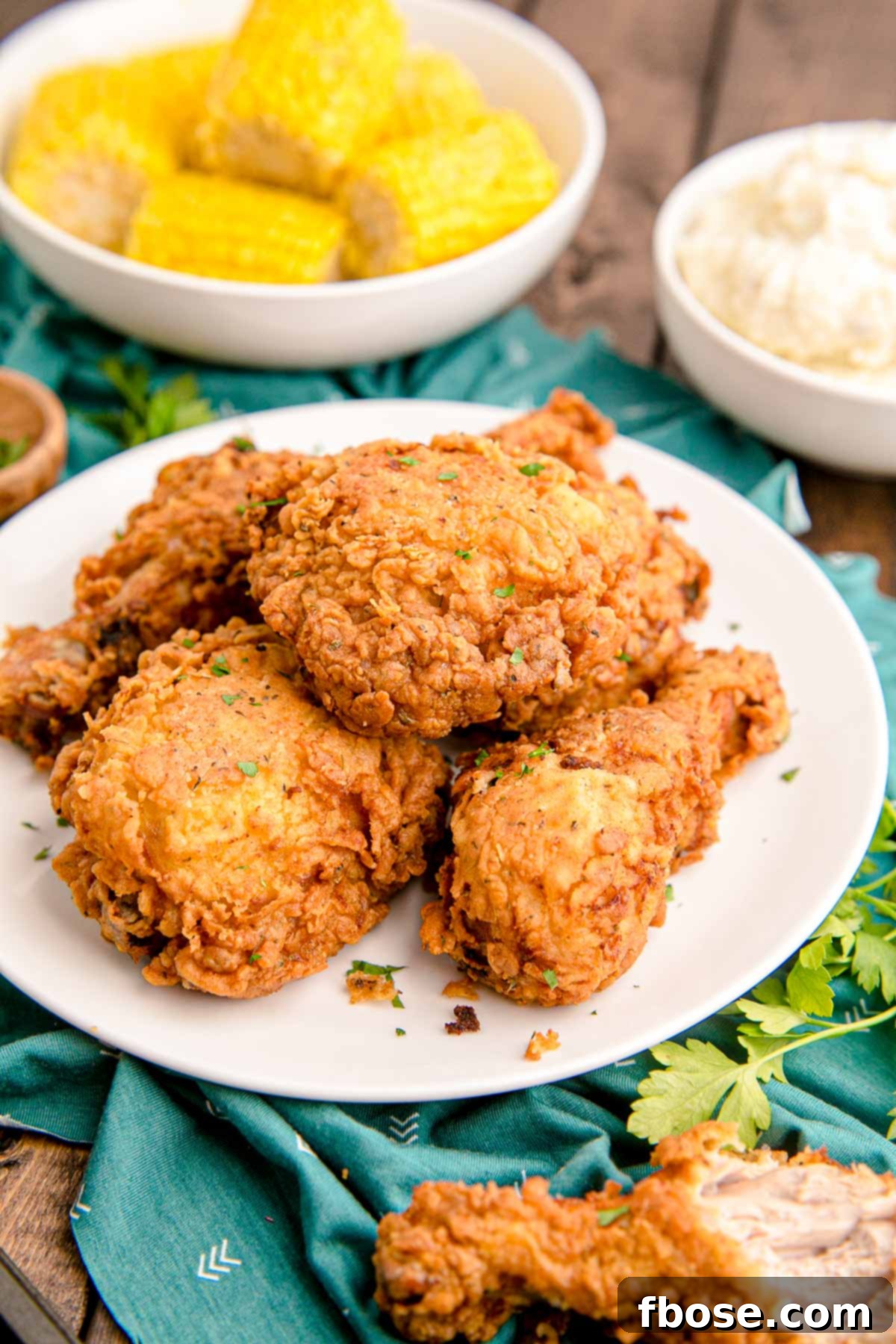 Close up photo of buttermilk fried chicken on a white plate on a teal napkin with corn in the background.