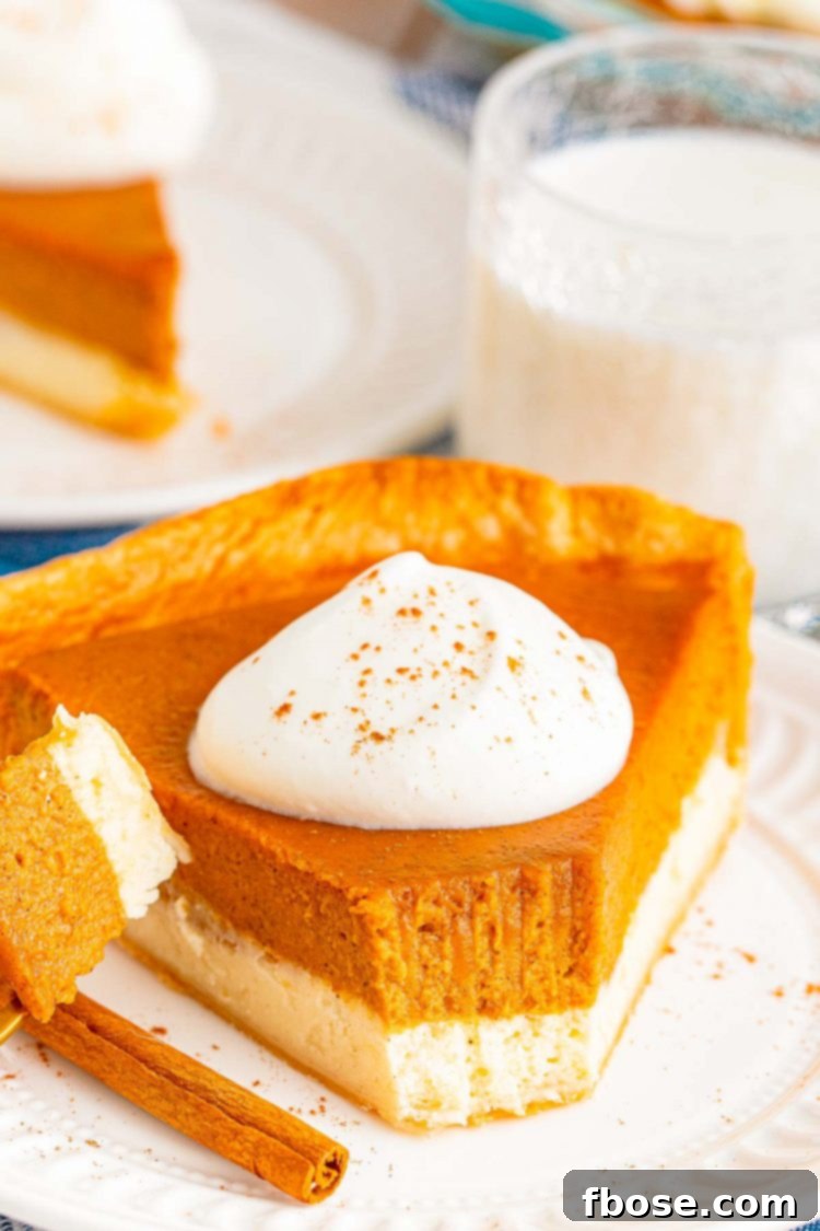Close up photo of a slice of pumpkin cheesecake pie with a bite taken out of it.