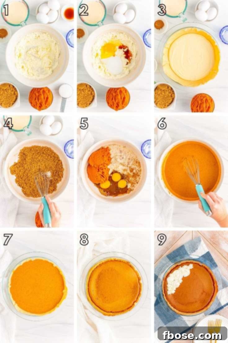 Step by step photo collage showing how to make pumpkin cheesecake pie.