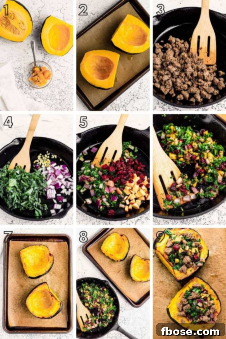Step-by-step photo collage showing how to make stuffed acorn squash.