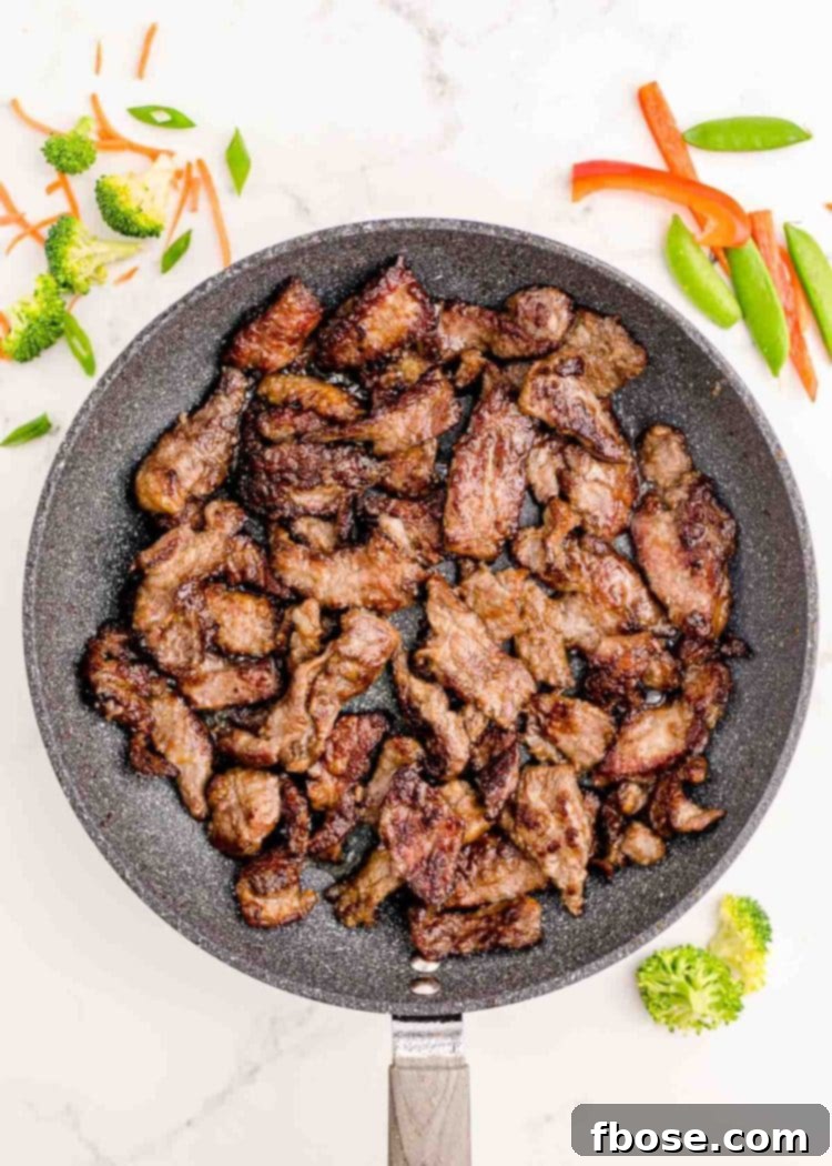 Steak pieces in a skillet.