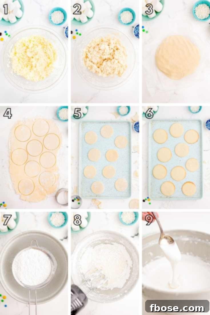 Melty Snowman Cookies 5 Step-by-step photo collage showing how to make round sugar cookies for snowman cookies.