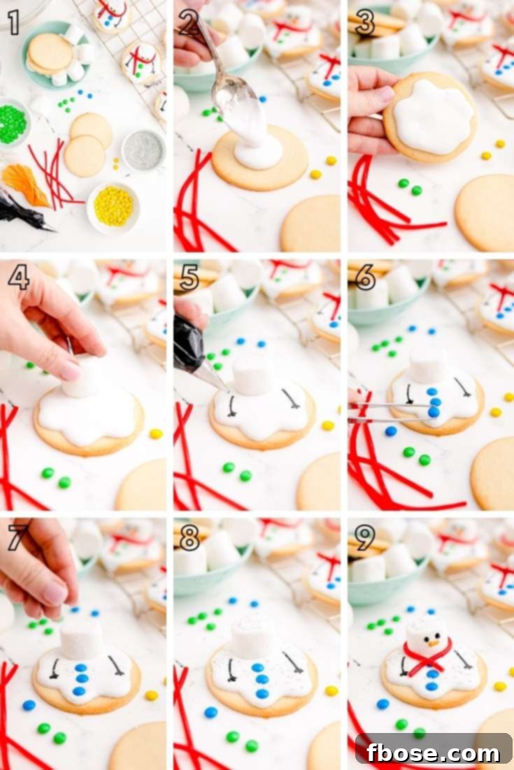 Melty Snowman Cookies 6 Step-by-step photo collage showing how to assemble and decorate melted snowman cookies with icing, marshmallows, and candies.