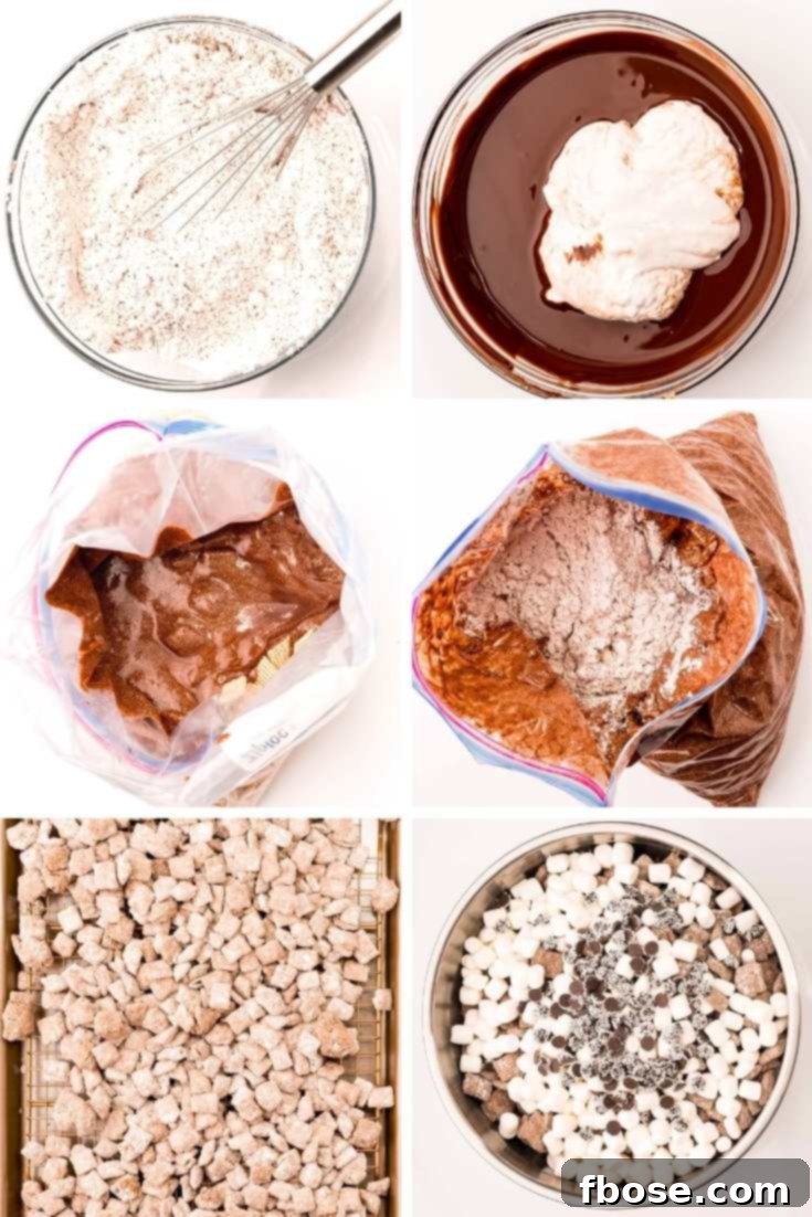 Step-by-step photo collage showing the process of making hot chocolate muddy buddies, from melting ingredients to coating cereal and adding mix-ins.