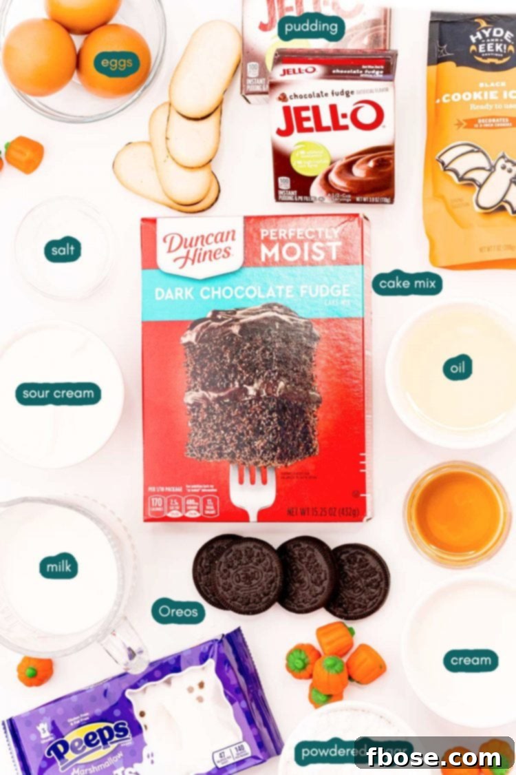 Overhead photo of ingredients used to make a Halloween cake prepped on a white surface, showing cake mix, pudding, eggs, and cookies.