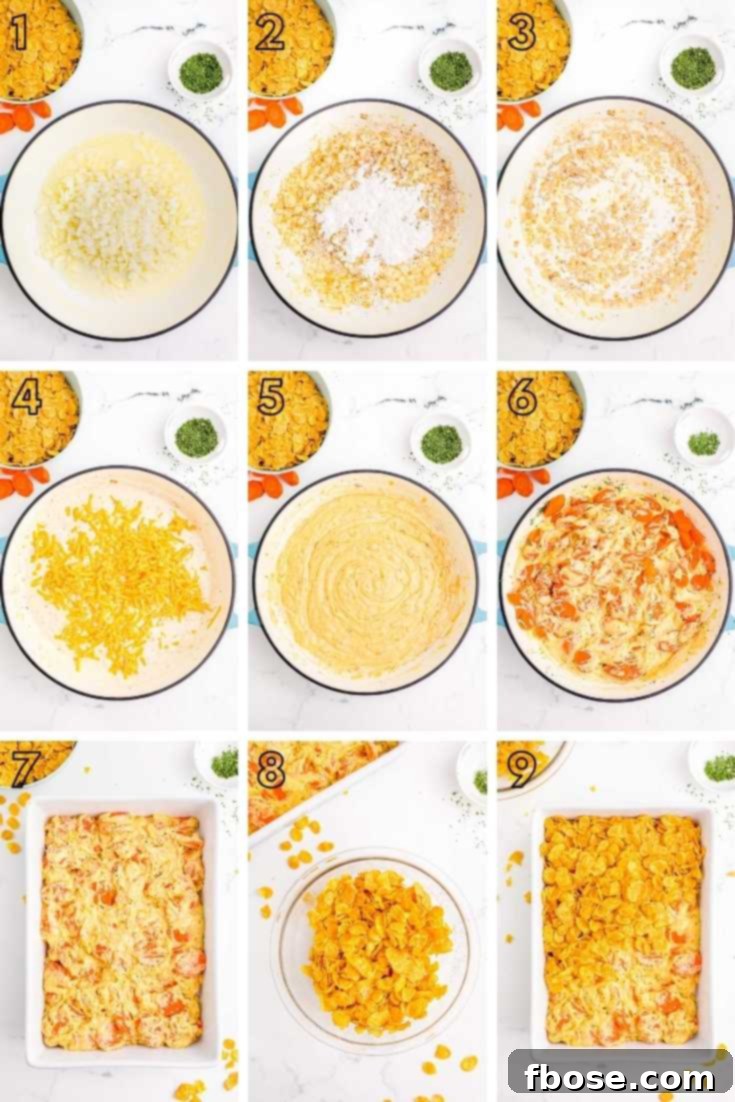 Step-by-step photo collage showing how to make carrot casserole, from ingredients to finished dish.