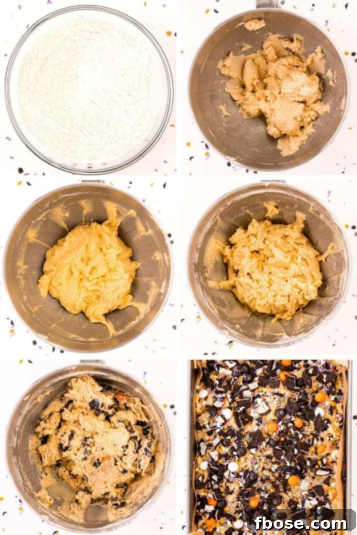 Step-by-step photo collage showing how to make Halloween cookie bars.