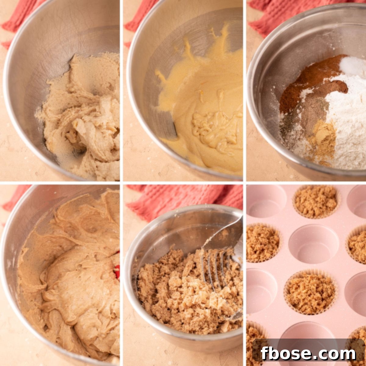 A step-by-step collage demonstrating the process of making chai muffins, from mixing ingredients to adding toppings.