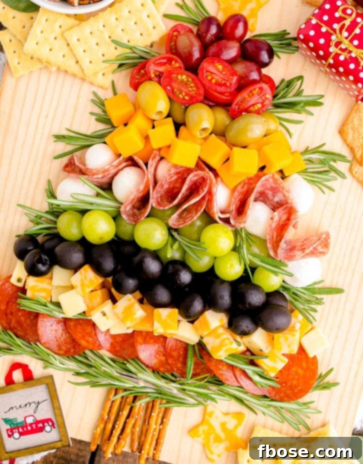 Close up photo of a Christmas Tree shaped Charcuterie board.