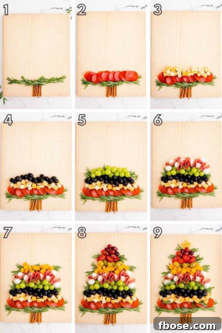 Step-by-step photos showing how to build a christmas tree shaped charcuterie board.