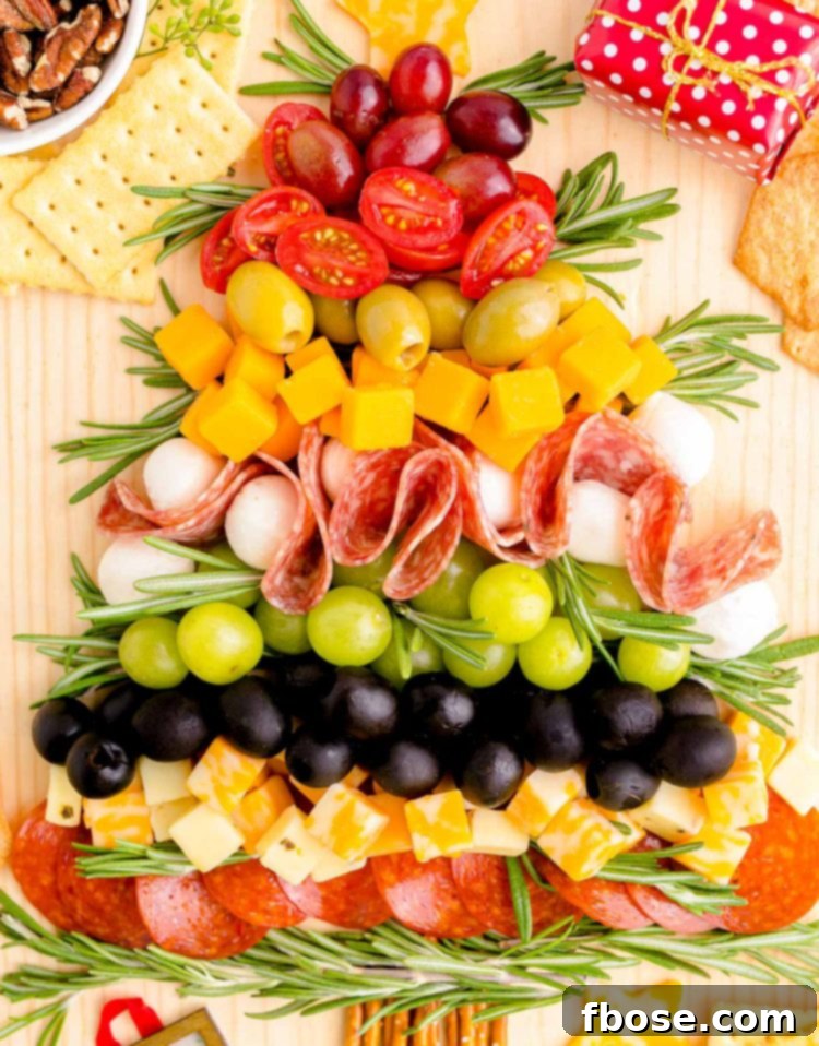 Close up photo of a Christmas Tree shaped Charcuterie board.
