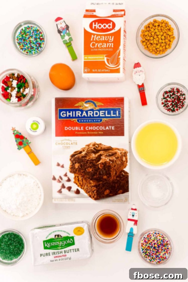Overhead photo of ingredients used to make christmas tree brownie bites.
