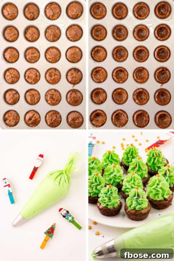 Step-by-step photo collage showing how to make Christmas tree brownie bites.